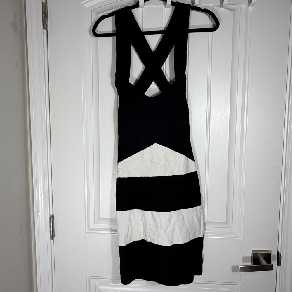 Sabora Black White Colorblock Crisscross Back Bodycon Mini Dress Large 4278D